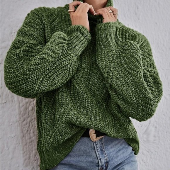 Casual High Neck Marled Knit Sweater Top Green - Picture 2 of 5